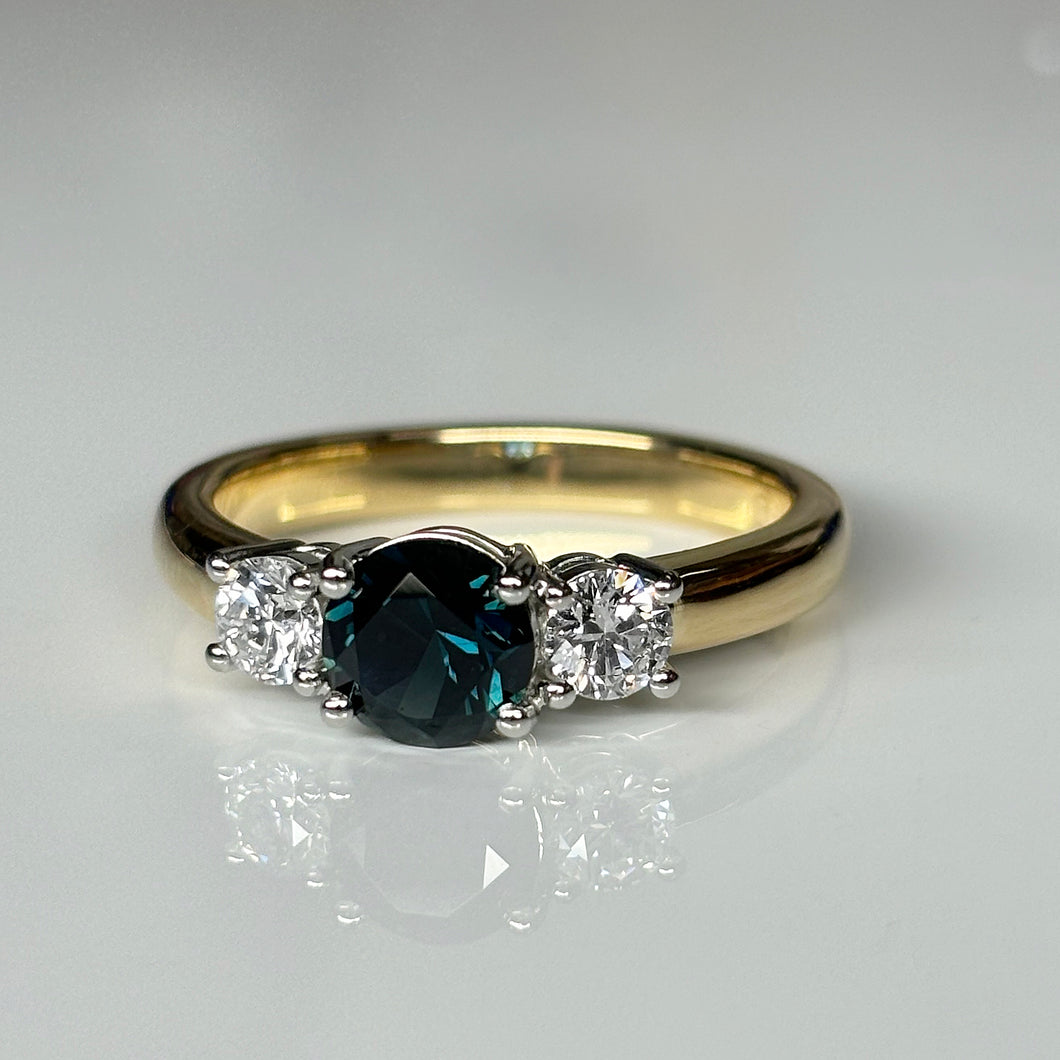 Teal Sapphire and Diamond Ring